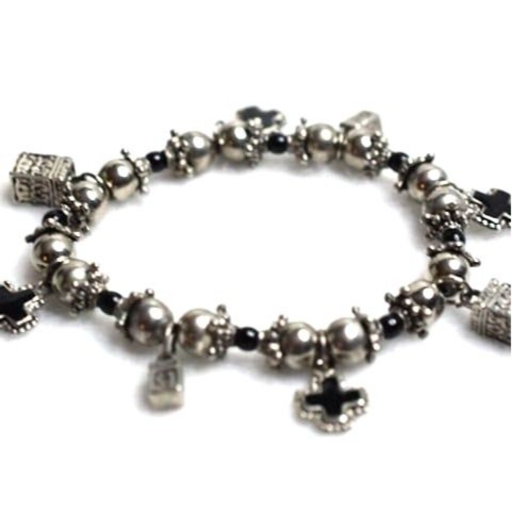 Vtg Gothic Punk Trendy Black Enamel Cross Silver Tone Charm Stretch 6" Bracelet
